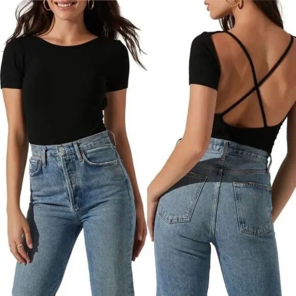 ASTR The Label NWT Short Sleeve Cross Back Bodysuit Ribbed Black XL Thong